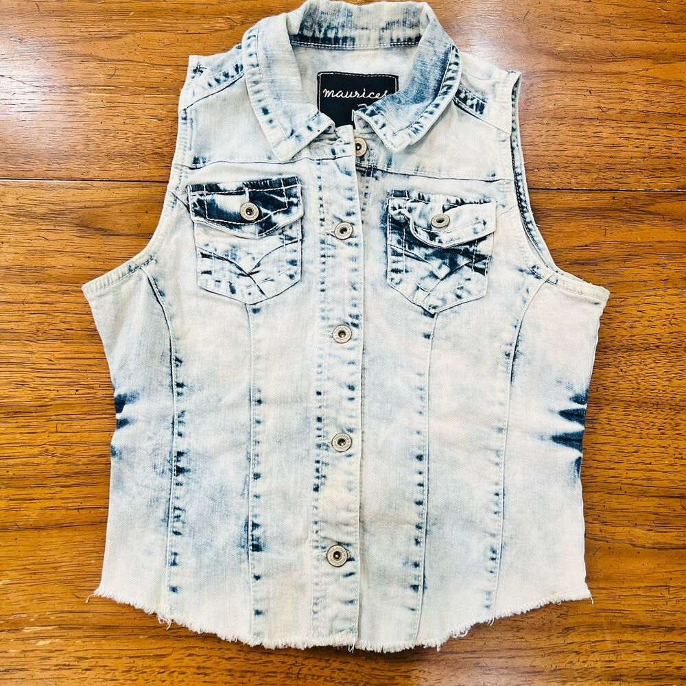 Maurices Womens Acid Wash Denim Corset Top Full Button Strapless Tube Medium